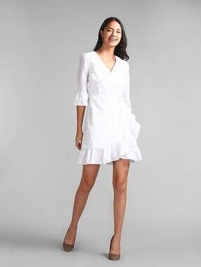 White Wrap Dress with Ruffle Hem Large NEW Mini Midi Long Sleeve Bow Feminine